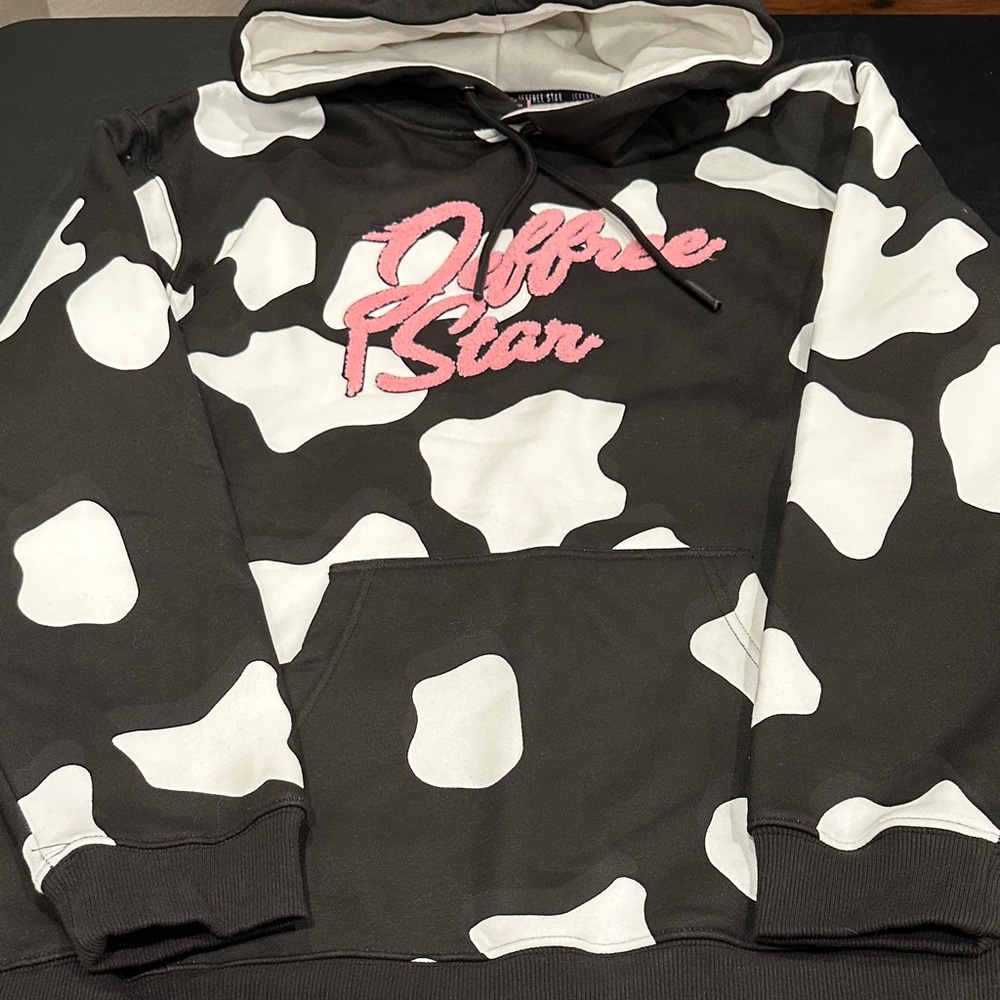 Jeffree Star Black and White Cow Print Hoodie with Pink Logo